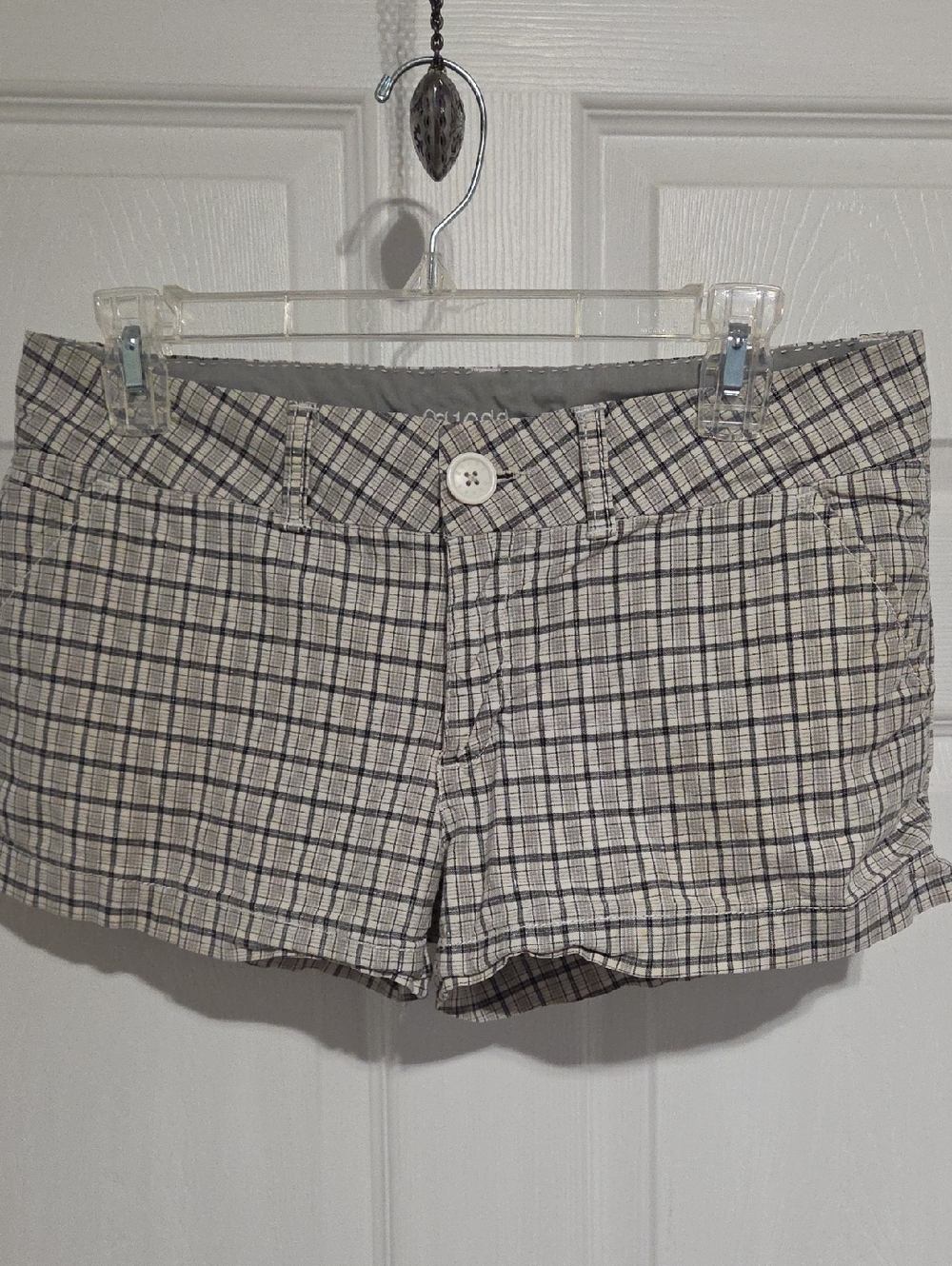 Guess Plaid Low-Rise Jean Shorts in Beige and Black